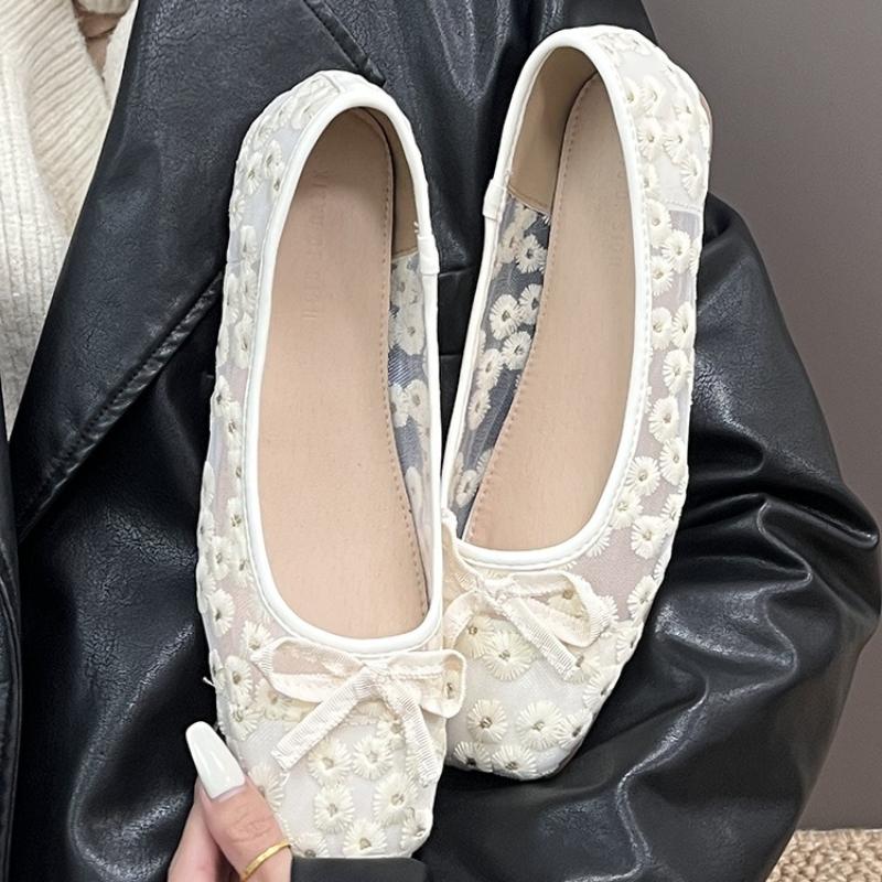 Sweet Daisy Embroidery Design Brand Ballet Flats Women Cute Square Toe Bow Decorated Mary Jane Shoes Cozy Mesh Low Heel Loafers
