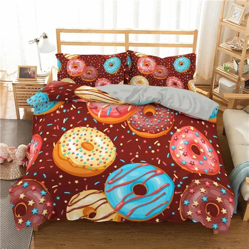 Colorful Donut Cartoon Sweet Chocolate Dessert Comfortable Duvet Quilt Cover Pillowcase Bedding Set Children Bedroom Decoration