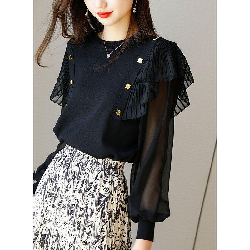 Women's Chic Chiffon Blouse - Autumn 2025 Round Neck, Ruffle Puff Sleeves, Patchwork Design, Small Size, A391.