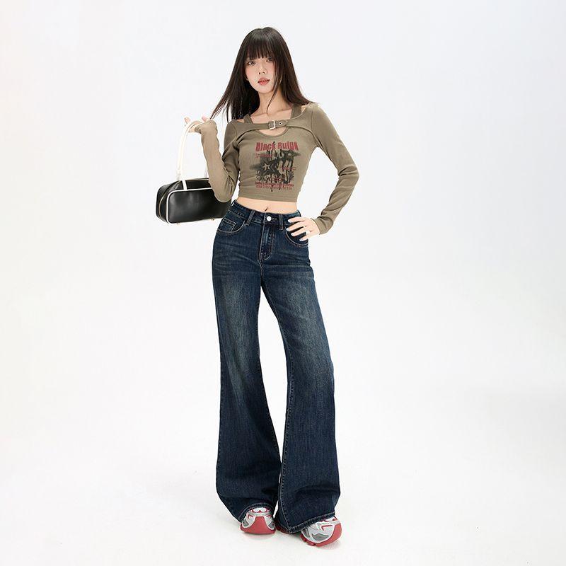 Retro slightly pulled loose and thin without sticking to the legs Flared jeans women's 2026 early spring elastic slim large size