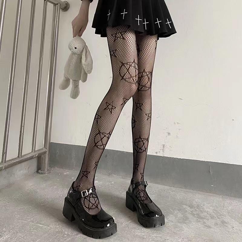Lolita Girls Søt Pentacle Print Tights Kvinner Sexy Gothic Punk Magisk Femspiss Star Mesh Fish Net Strømpebukse Body Strømper