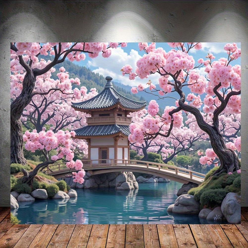 Arazzo Giardino Giapponese, Alberi di Ciliegio e Pagoda sul Ponte, Paesaggio Panoramico Appeso a Parete per Sfondo Casa e Dormitorio