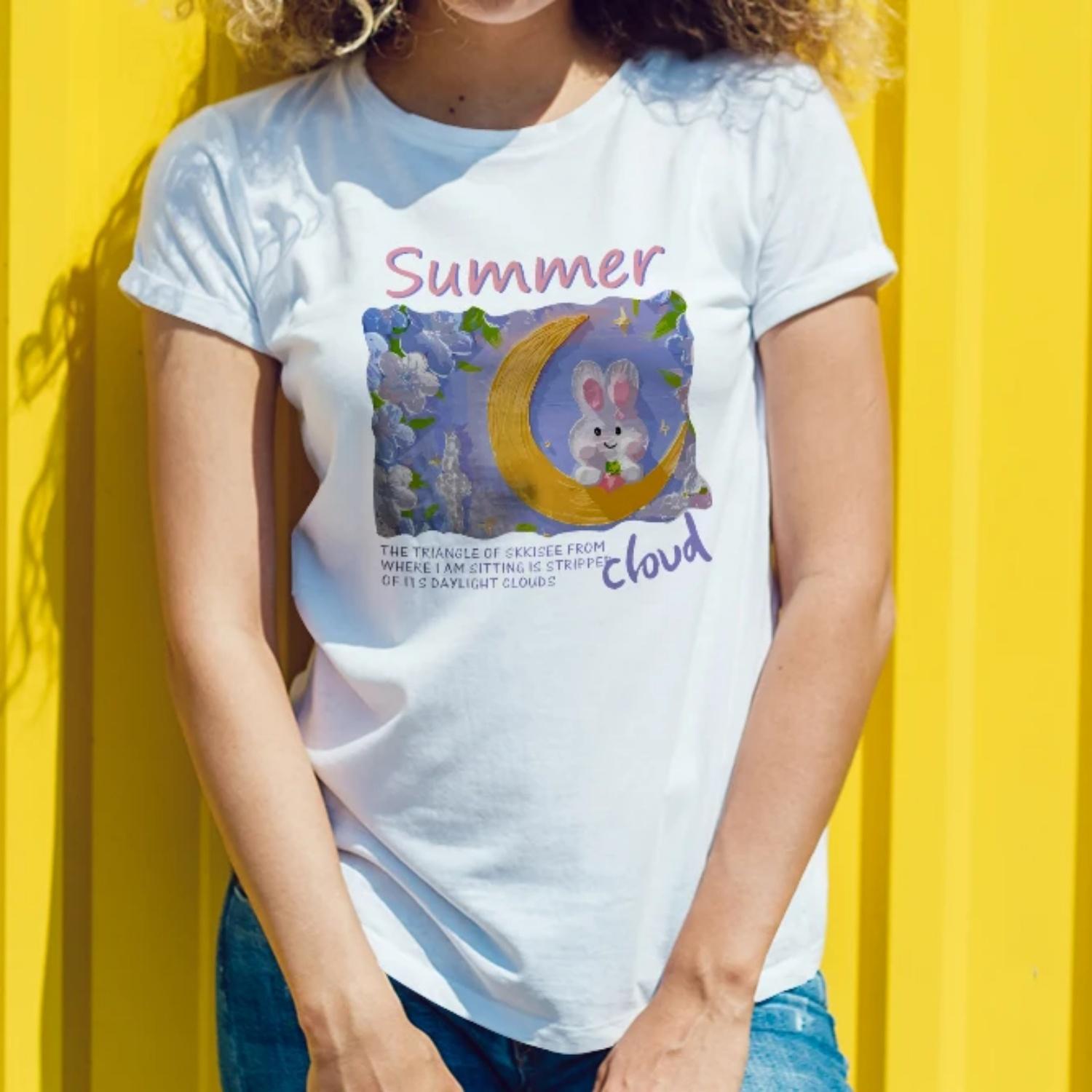 

Summer inspired Womens Short Sleeve Cotton T Shirt Moonlit Bunny Print for Casual Wear Young Women with a Whimsical Style XXXXXL білий