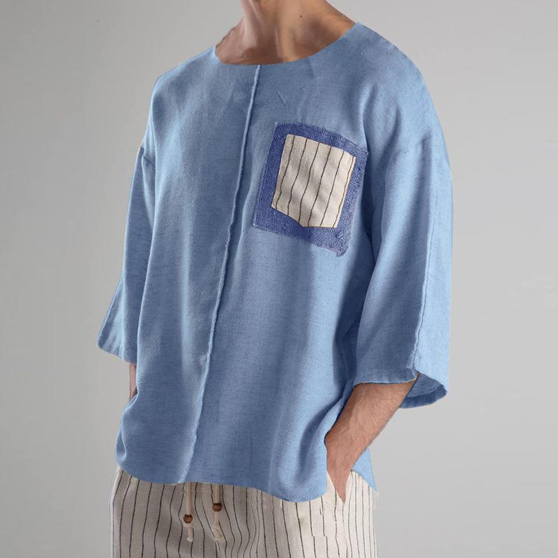 

INCERUN Мужские летние тонкие повседневные футболки с коротким рукавом и лоскутным дизайном XL синий