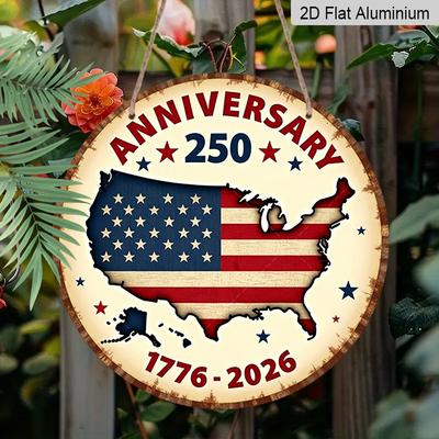 2D Flat, 1pc Round Aluminum America 250th Anniversary Sign - Freedom 250 Round Wall Decor with Flag & Fireworks Design, 1776-2026 Independence Day