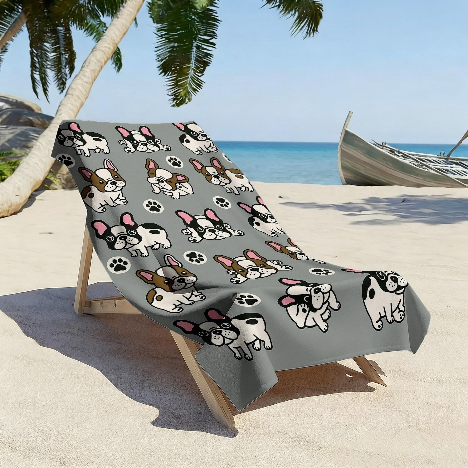 

French Bulldog Cartoon Beach Towel, Soft Microfiber Quick Dry Super Absorbent for Seaside Vacation Pool Party Beach Stroll Gift W30*H60(CM)