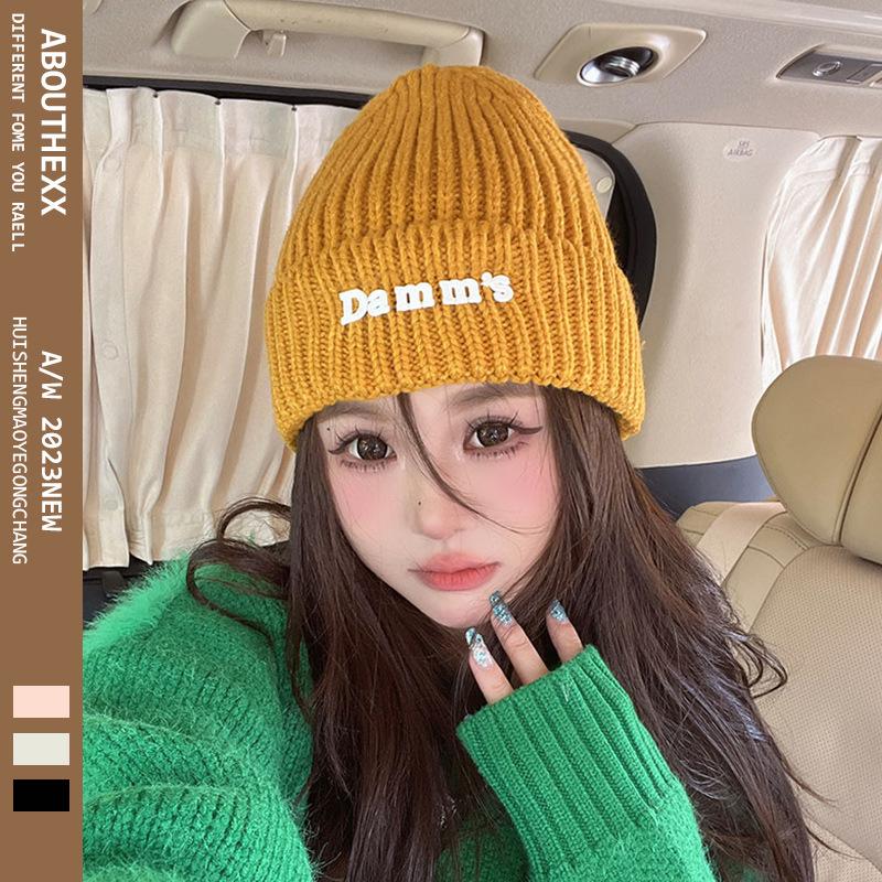 New Autumn and Winter Letter Offset Printing Wool Hat for Women Warm Ear Protection Knitted Hat Korean Style Pullover Hat Cold Hat Trendy