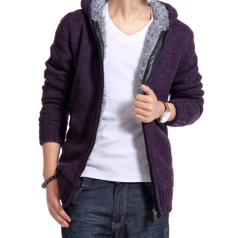 

Men s Hooded Knitted Cardigan - Plus Velvet Thick, Warm, Casual Sweater 3XL фіолетовий