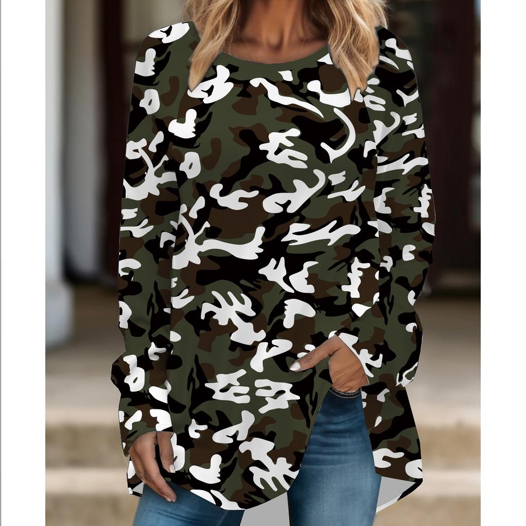 Plus Size Women Fashionable Personality  Leopard Printed Comfy Long Sleeve Round Collar T-shirt Casual Baggy Mid Length Tee Tops