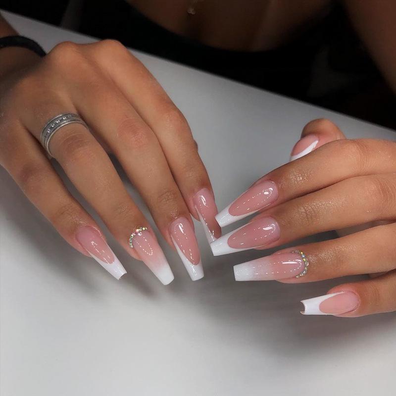 

Многоразовые накладные ногти с градиентным бело-розовым дизайном из страз Gold Plating Glue