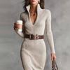 Fall Winter Women's Midi Knee-length Bodycon Knit Dress, Solid Slim Fit Waistband Belted Inner Wear Dress