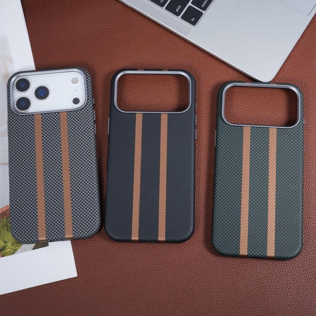 Sleek Sports Car Style Magnetic Leather Phone Case for iPhone17 Pro Max with Wireless Charging Gold Shield