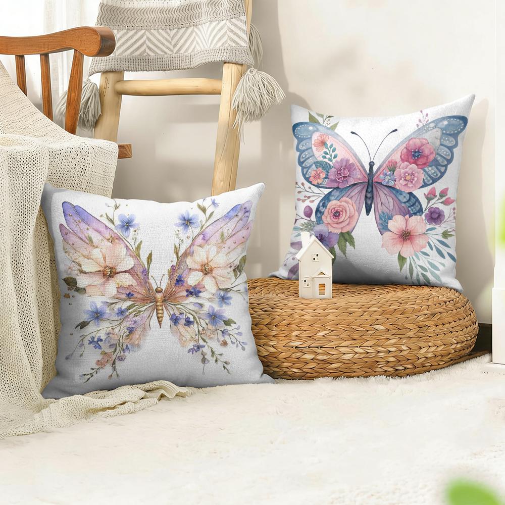 Watercolor butterflyflower Cushion Cover Natural Linen Organic Fabric DoubleSided Printing Sofa Home Decor Gift Pillow Cover