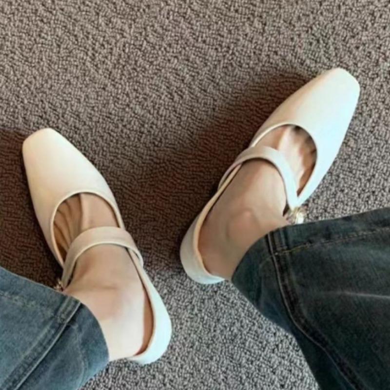 Fashion Women's Low Heel Shoes Spring New Square Head Shallow Mouth Metal Buckle Soft Sole Anti-slip Wear-resistant Low Top Shoes