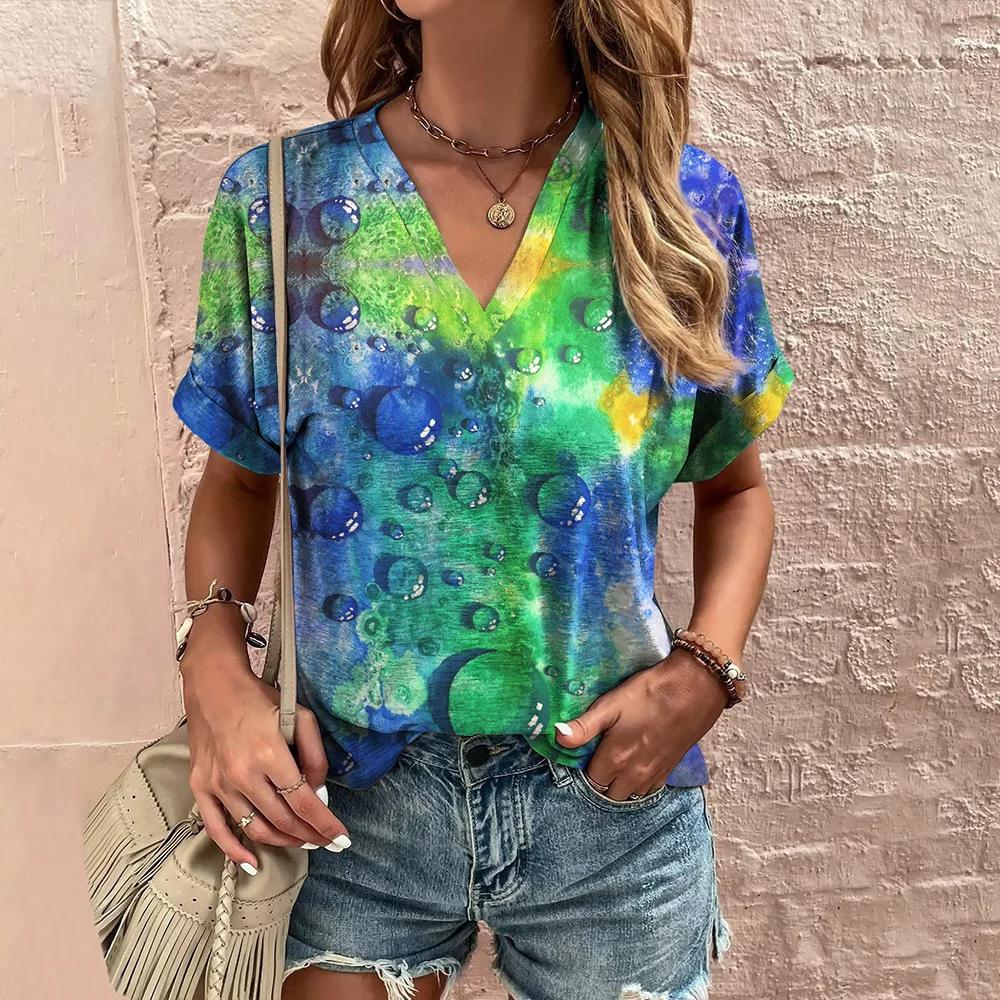 Summer Women Vintage T-shirt Fashion Graphic V-Neck Tops Tees Female Casual Short Sleeve Clothing Ladies Stylish Outfit