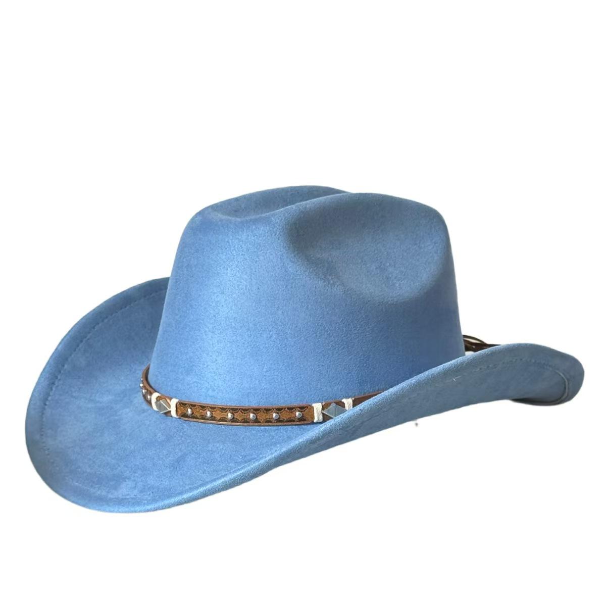 

Stylish Unisex Cowboy Hats with Embellished Band Trendy Wide Brim Fedora Caps for Stylish Outdoor Adventures and Travel One Size небо синє кольору