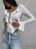 European & American V-neck Lace-up Ruffle Bell Sleeve Top