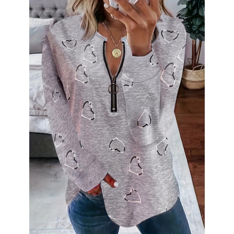

Plus Size eyelet hollow heart-shaped printed zipper long-sleeved top autumn and winter women s casual T-shirt with light stretch S
