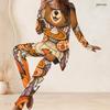 Women Plus Size Round Neck Long Sleeve Printed Cartoon Bear Pumpkin Two Piece Pants Set