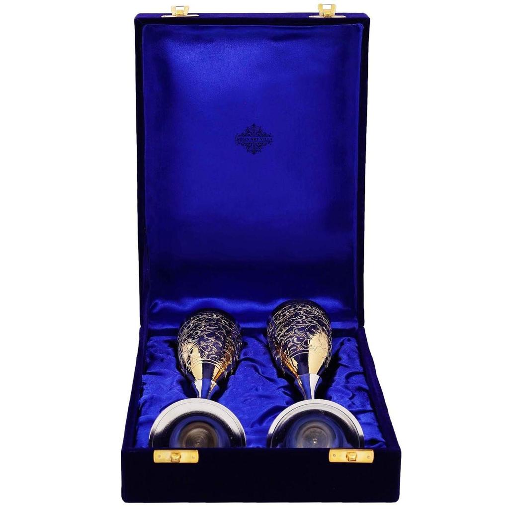 Set of 2 Silver Plated Gold Polish & Brass Champange Wine Glass with Blue Box, Best for Parties, Capacity - 200 ML