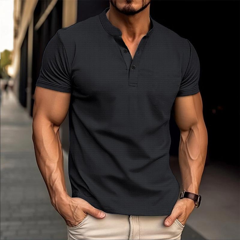 Summer Men's Short-sleeved V-neck Waffle Polo Shirt with Solid Fabric Buttons