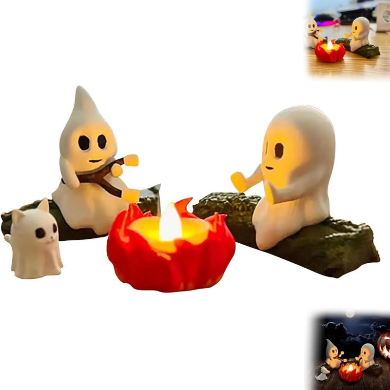 Ghost Campfire Gathering Flickering Nightlight 3D Printed Cute Ghost Ornaments Statues Bonfire Party Halloween Desk Decoration