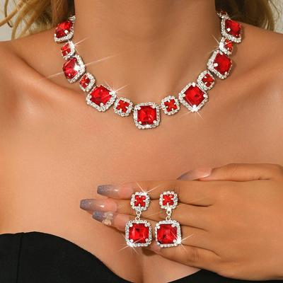 Zestaw naszyjnik i kolczyki z czerwonym diamentem Biżuteria ślubna Premium Kwadratowy zestaw biżuterii Biżuteriaset