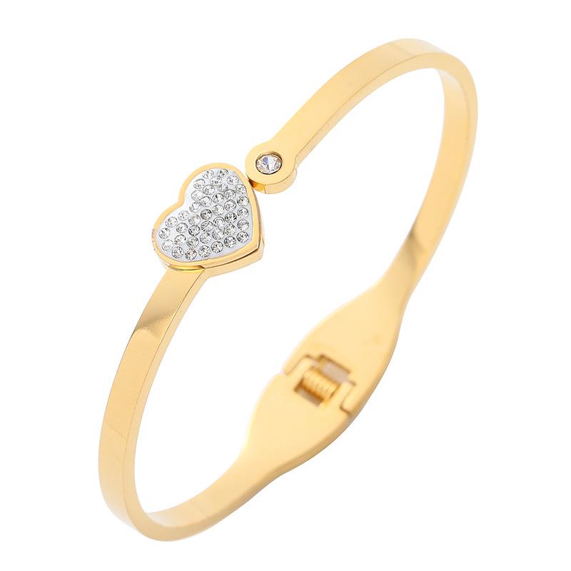 Heart-shaped Zirconia Inlaid Titanium Steel Bracelet for Women - Open Spring European Style.