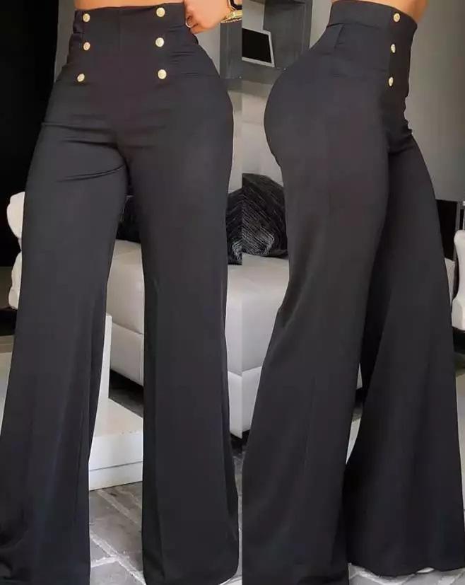 Women's Mid Rise Flare Pants Slim Fit Double Button Detail Elegant Solid Color Spring Slight Stretch Commuter Dressy Casual Trousers