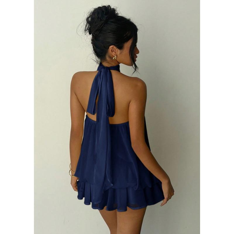 Fashion Sexy Backless Halter Neck Slim Waist Solid Color Women Mini Dress