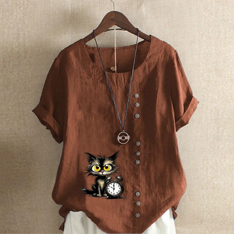 Women's Fashion Alarm Clock Black Cat Prined Short Sleeve T-shirt Loose Cotton Shirt Casual Loose Summer Blouse Tops Plus Size