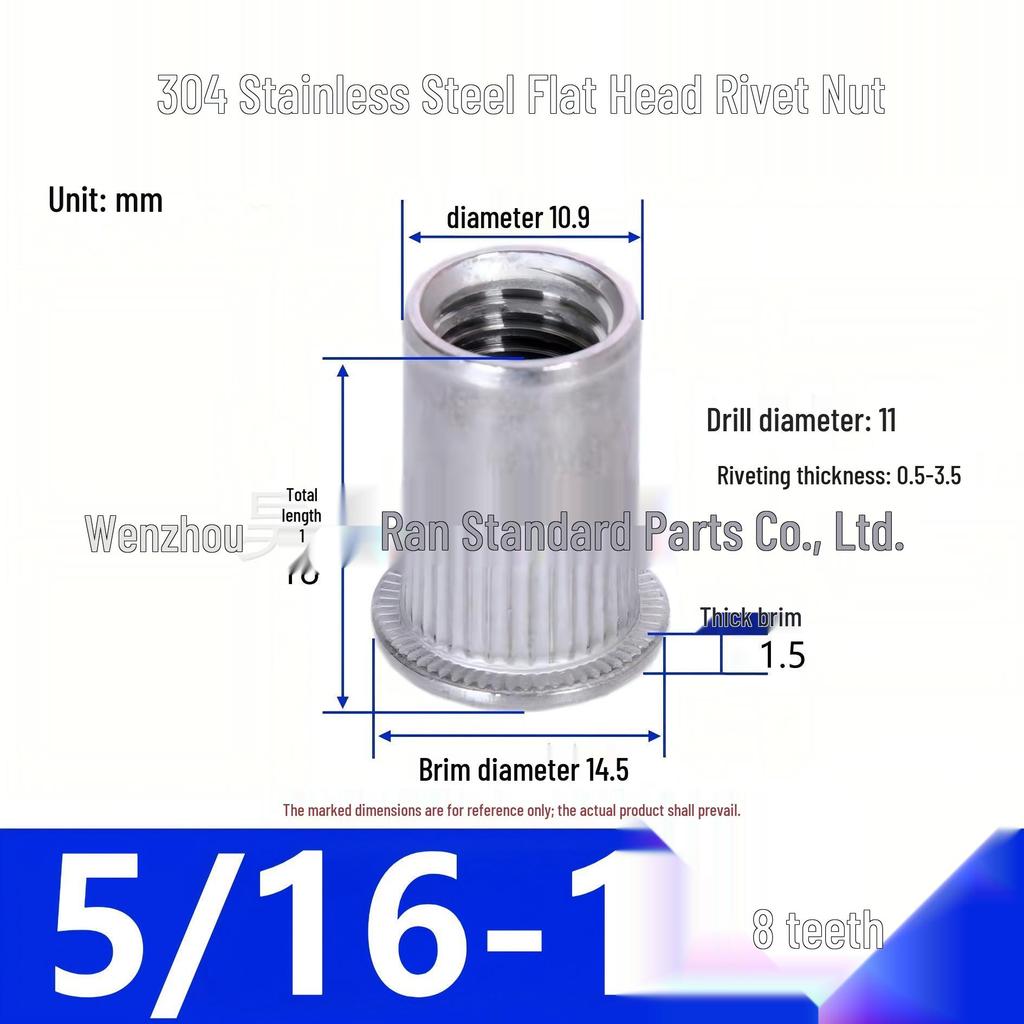 304 Stainless Steel Knurled Flat Head Rivet Nut with Vertical Ribs