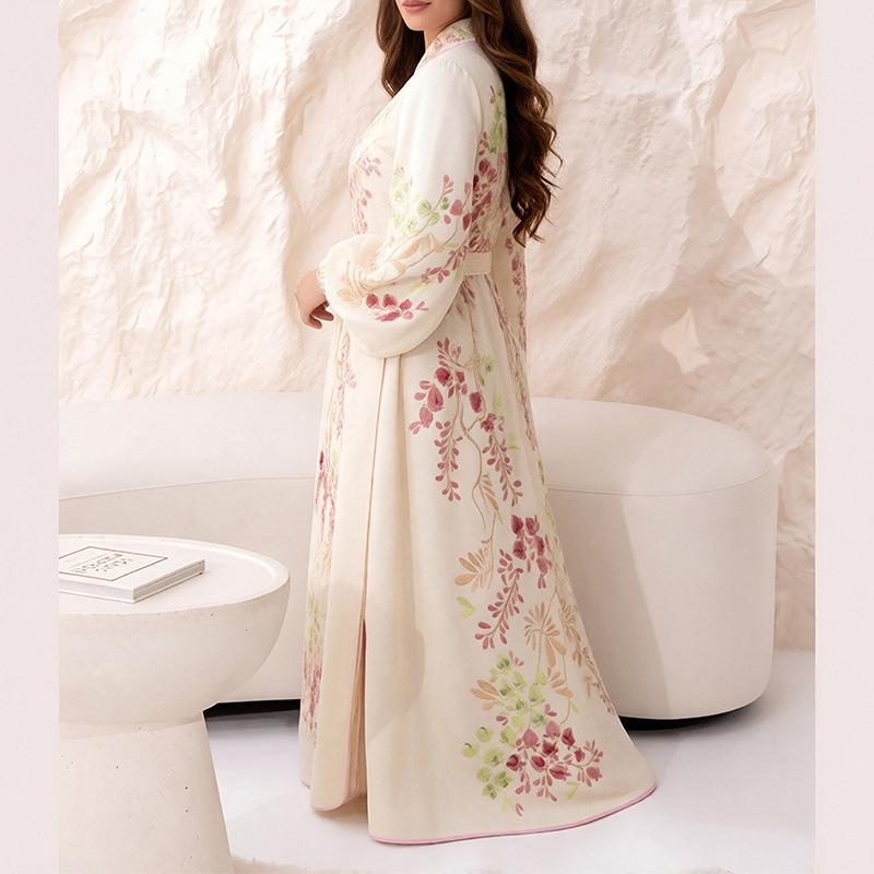 Spring new women's clothing, European and American dresses, printed lantern sleeves, waist strap, fringed long dress