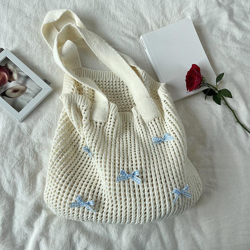 Yogodlns Women's Bow Design Shoulder Bag Raffia Aesthetics Crochet Handbag Purses Knitted Shopping Bag Summer Beach Bag