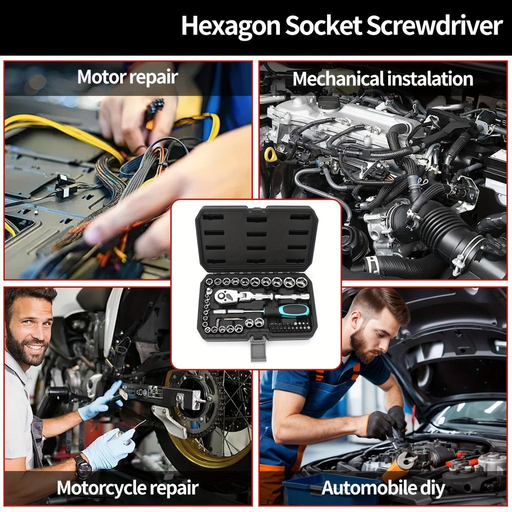 Complete Automotive Tool Set – 1/4 Inch Drive Socket Wrench Kit with Hex Key & Screwdriver Bits for Car Repair Maintenance