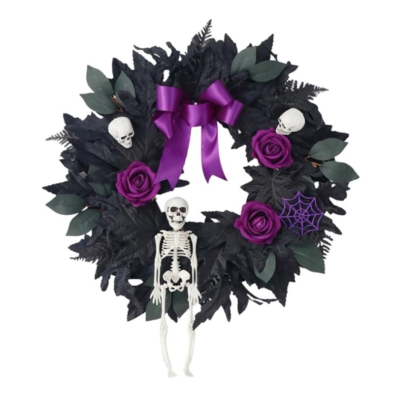 Halloween Front Door Wreath, Artificial Floral Wreath with Black Purpler Leaves Hanging Decoration for Front Door Entryway Wall