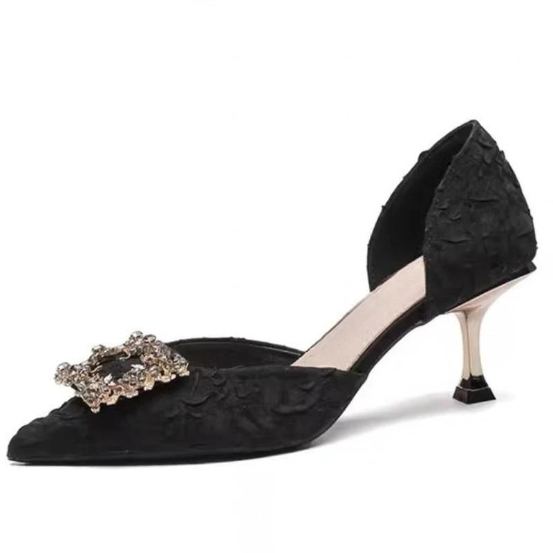 New Summer Crystal Buckle High Heels Women's Folded Pink Silk High Heels Water Diamond Wedding Shoes