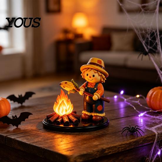 Cute Resin Spooky Decor Halloween Campfire Tealight Holder, Matte Ghost Mummy Scarecrow Figurine, Stable Niche Handmade Art Round Base Table