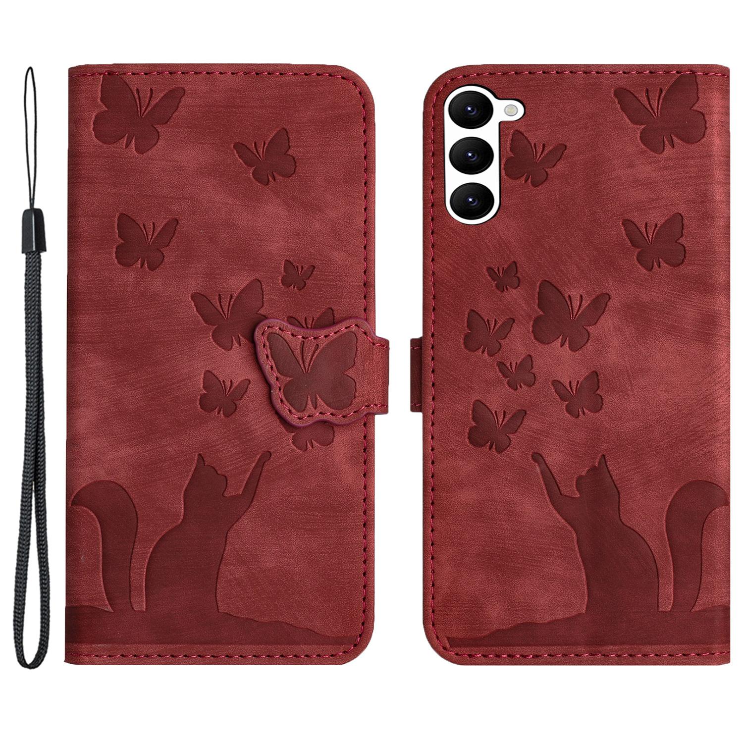 

Для Samsung Galaxy S23 Чехол Кожаный Чехол-книжка с Тиснением Бабочки и Кошки Red