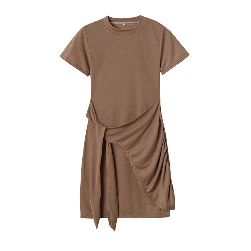 IHUASU Summer Short Sleeve Round Neck Pleated Bow Belt Irregular Dress