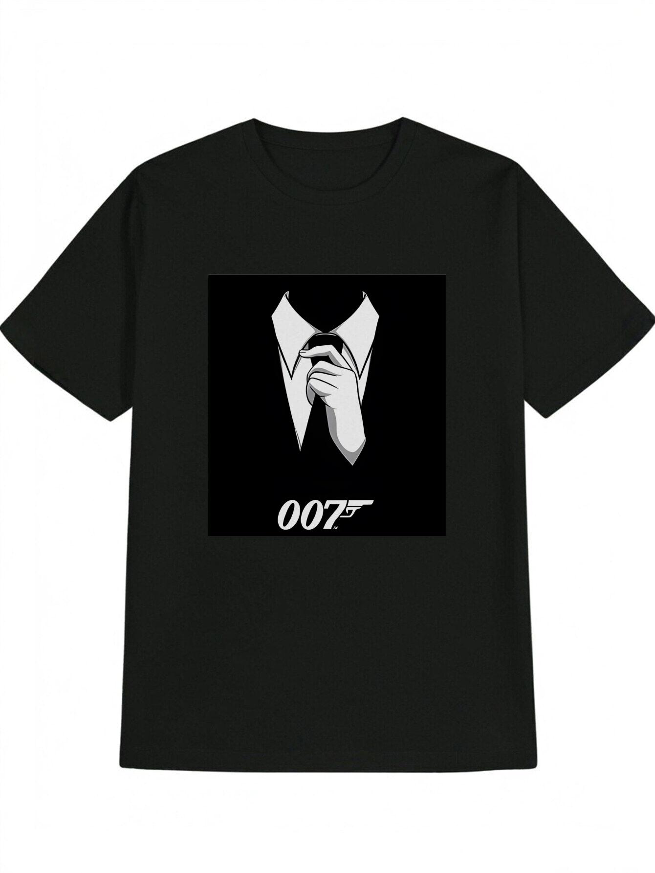 Casual Graphic T-shirt - Black with White James Bond 007-Inspired Suit & Tie Print XL