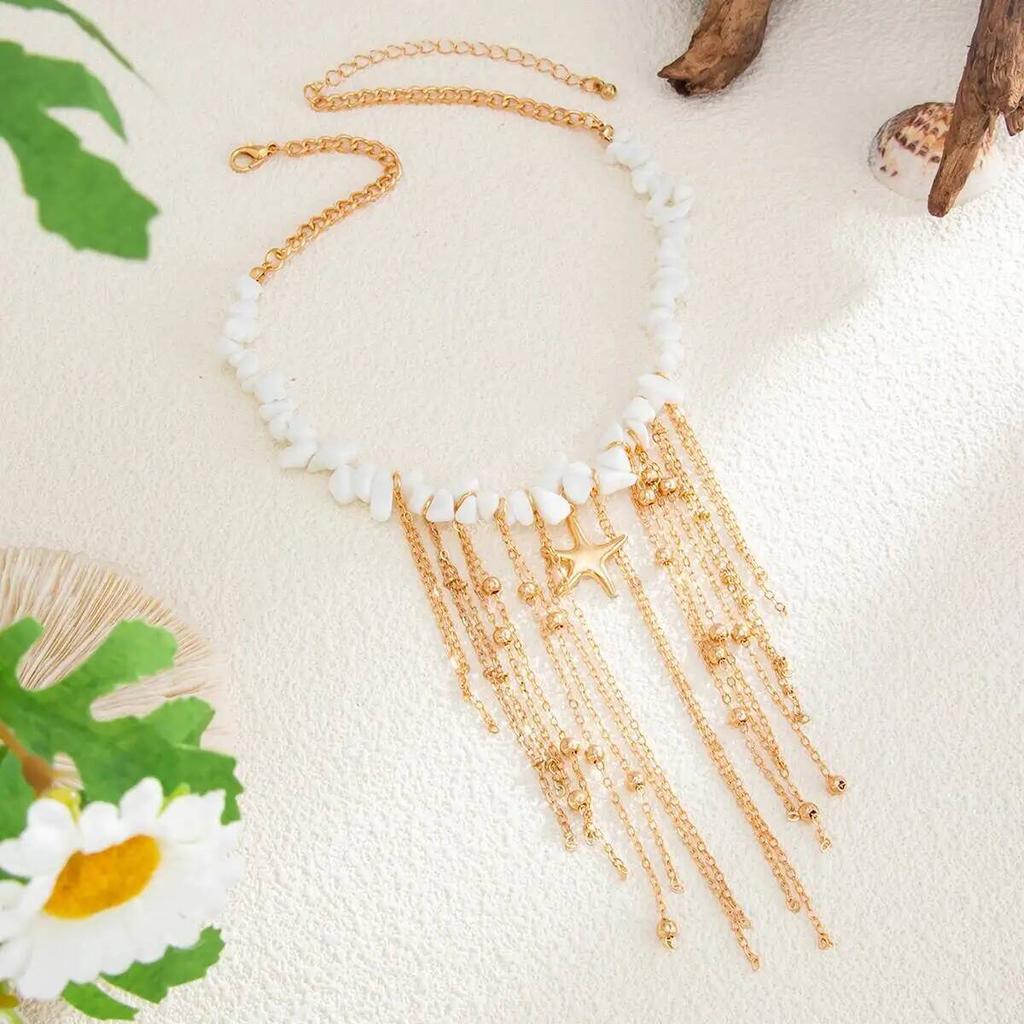 SHIXIN Boho Starfish Tassel Necklace Pendent Necklace Women Vintage Summer Gravel Beaded Clavicle Chain Party Jewelry 2026 New