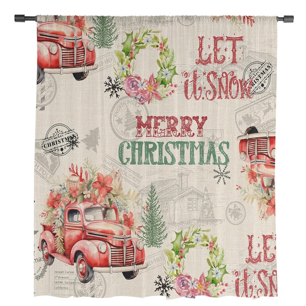 Christmas Poinsettia Vintage Stamp Truck Window Tulle Curtains For Living Room Kitchen Christmas Home Decor Sheer Voile Curtains