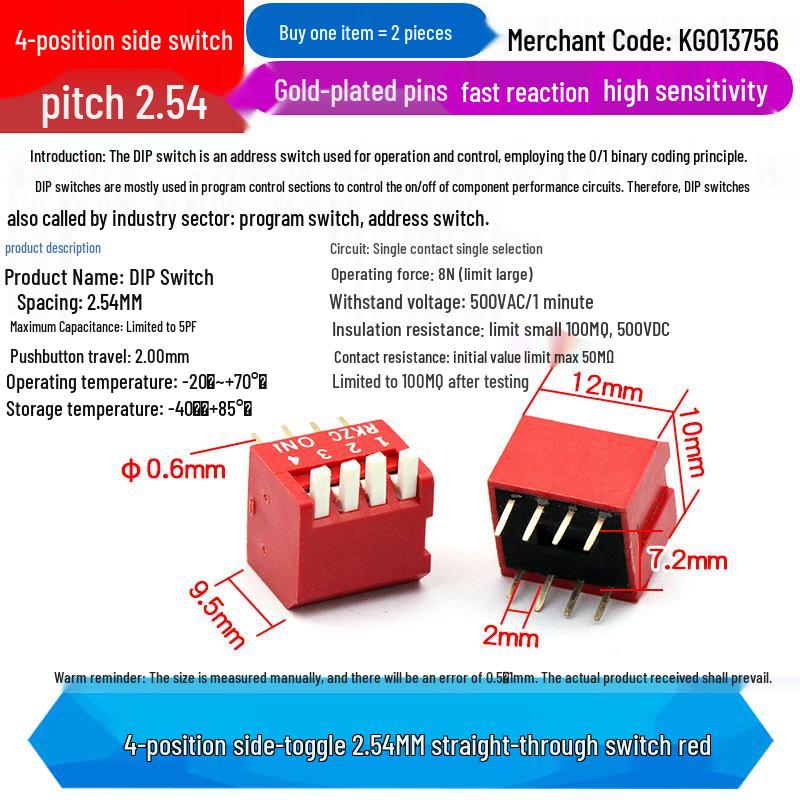 SMD DIP Switch, Flat Toggle, 2P 4-10 Positions, 2.54mm, Red/Blue/Black