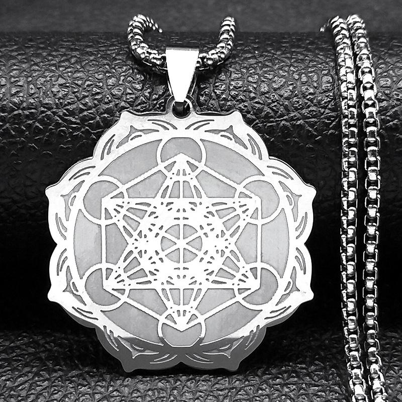 Sacred Geometry Metatron Cube Angel Seal Archangel Necklace for Women Men Stainless Steel Flower of Life Lotus Chain Jewelry