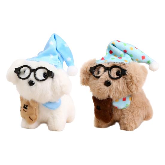 Sleeping Glasses Dog Plush Keychain Cute Puppy Backpack Charm with Wizard Hat & Bib Soft PP Cotton Stuffed Doll Gift for Dog Lovers