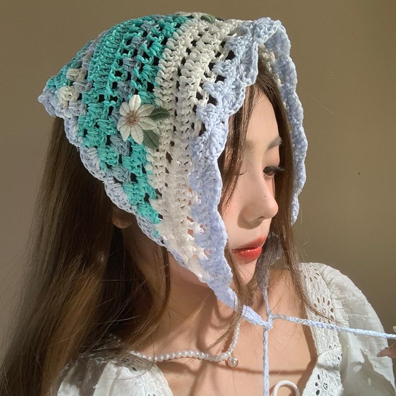 Mint Mambo Wind Floral Knitted Triangular Headscarf Female Bag Head Pastoral Style Seaside Photo Atmosphere Headband Summer