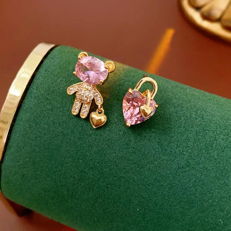 Zinc Alloy Zinc Alloy Needle Zircon Bear Love Earrings for Women High-end Asymmetric Stud Earring Fashionable Versatile Sweet Zircon