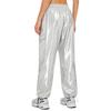 Shiny Metallic Cargo Pants for Women Elastic Waistband with Ruffle Trim Multiple Pockets Jogger Style for Hip Hop Music Stage Outfit