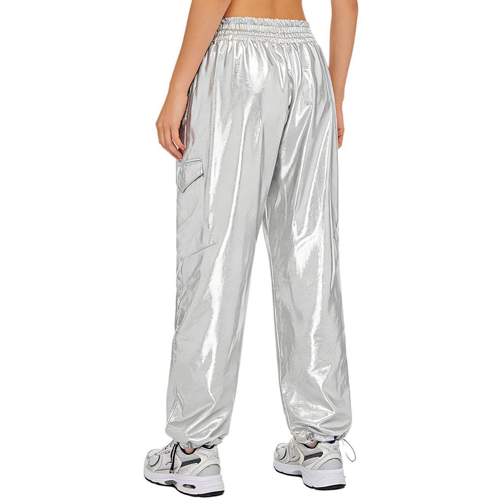 Shiny Metallic Cargo Pants for Women Elastic Waistband with Ruffle Trim Multiple Pockets Jogger Style for Hip Hop Music Stage Outfit